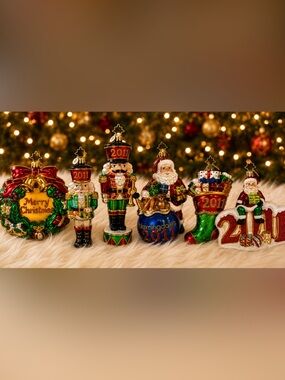 Holiday Nutcracker & Santa Glass Ornament Set - Green, Red, Gold